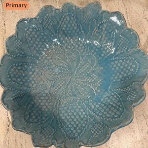 Handmade Clay/Ceramic Blue Bowl Featuring a Lace Design and a Ruffle Edge 11”